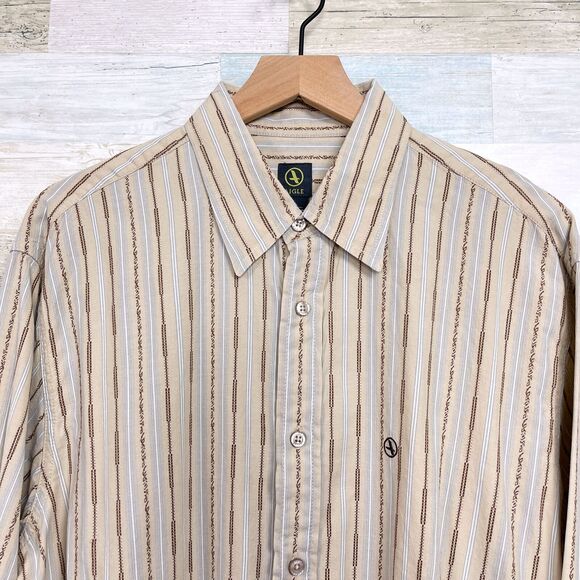 AIGLE Embroidered Striped Button Front Shirt Beige Brown Lightweight Mens Large - Picture 2 of 6